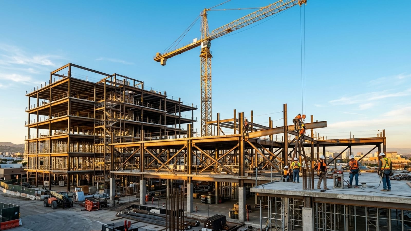 Los Angeles construction site with cranes and concrete framing at sunset — Los Angeles Construction Recruiters placing skilled trades across Southern California