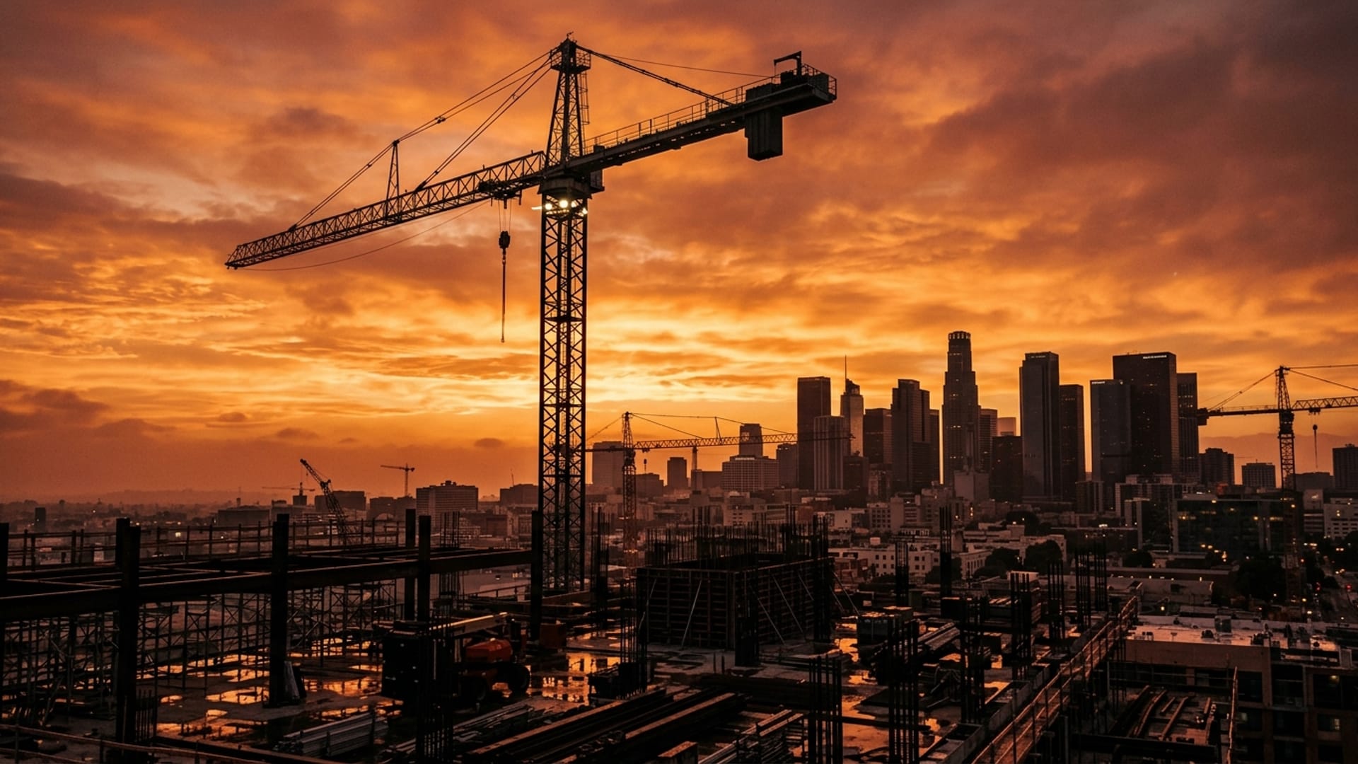 Los Angeles construction skyline at dusk with active cranes and high-rise builds — LA Construction Recruiters executive search